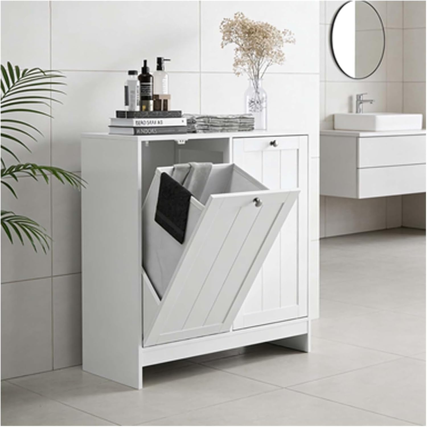 Free-Standing Double Laundry Hamper, Tilted Bathroom Laundry Hamper with Removable Basket, Laundry Basket Storage Organizer Cabinet, White