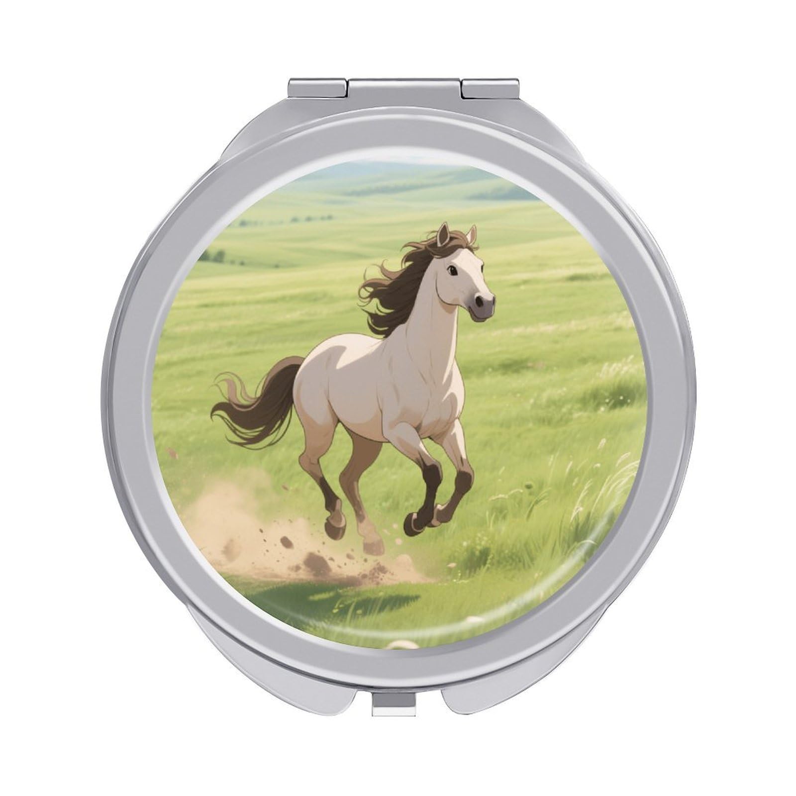 Fekiloot Style Horse On The Grassland Travel Makeup Mirror Handheld Compact Mirror Portable Pocket Mirror Double-Sided 1X/2X Magnifying For Handbag And Purses