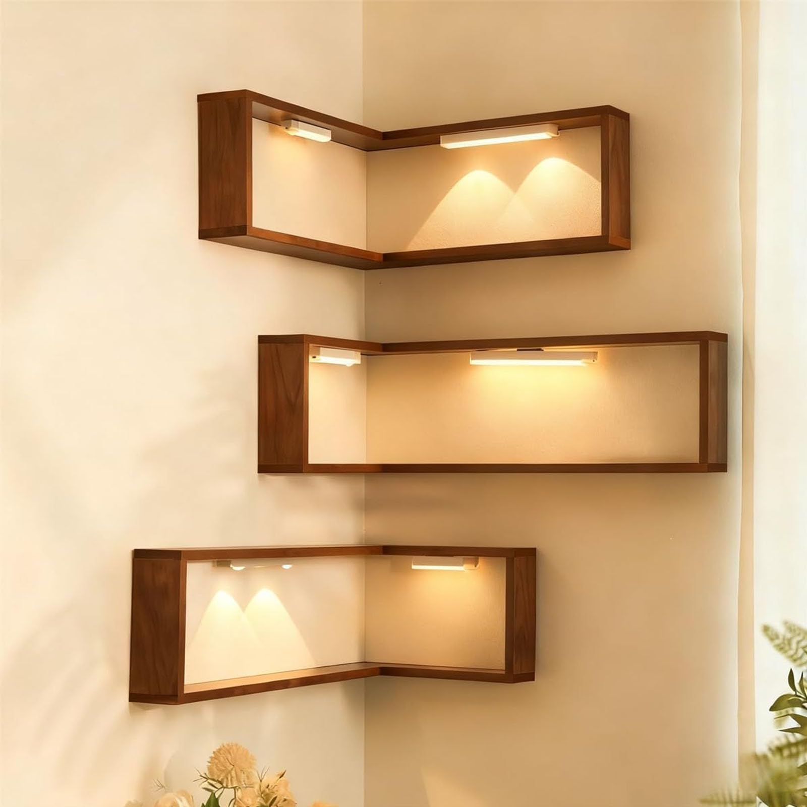 Estante flotante de esquina con luces para organizar tu dormitorio