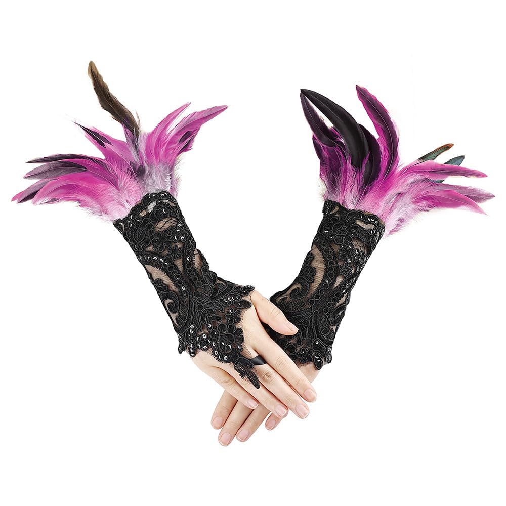 UMCHU 1 Pair Long Lace Fingerless Gloves, Feather Wrist Cuffs, Cuffs Gothic Fingerless Gloves, Natural Feather for Party, Club Dress Up, Whimsical Gatherings, Fancy Dress Parties(Rose Red)