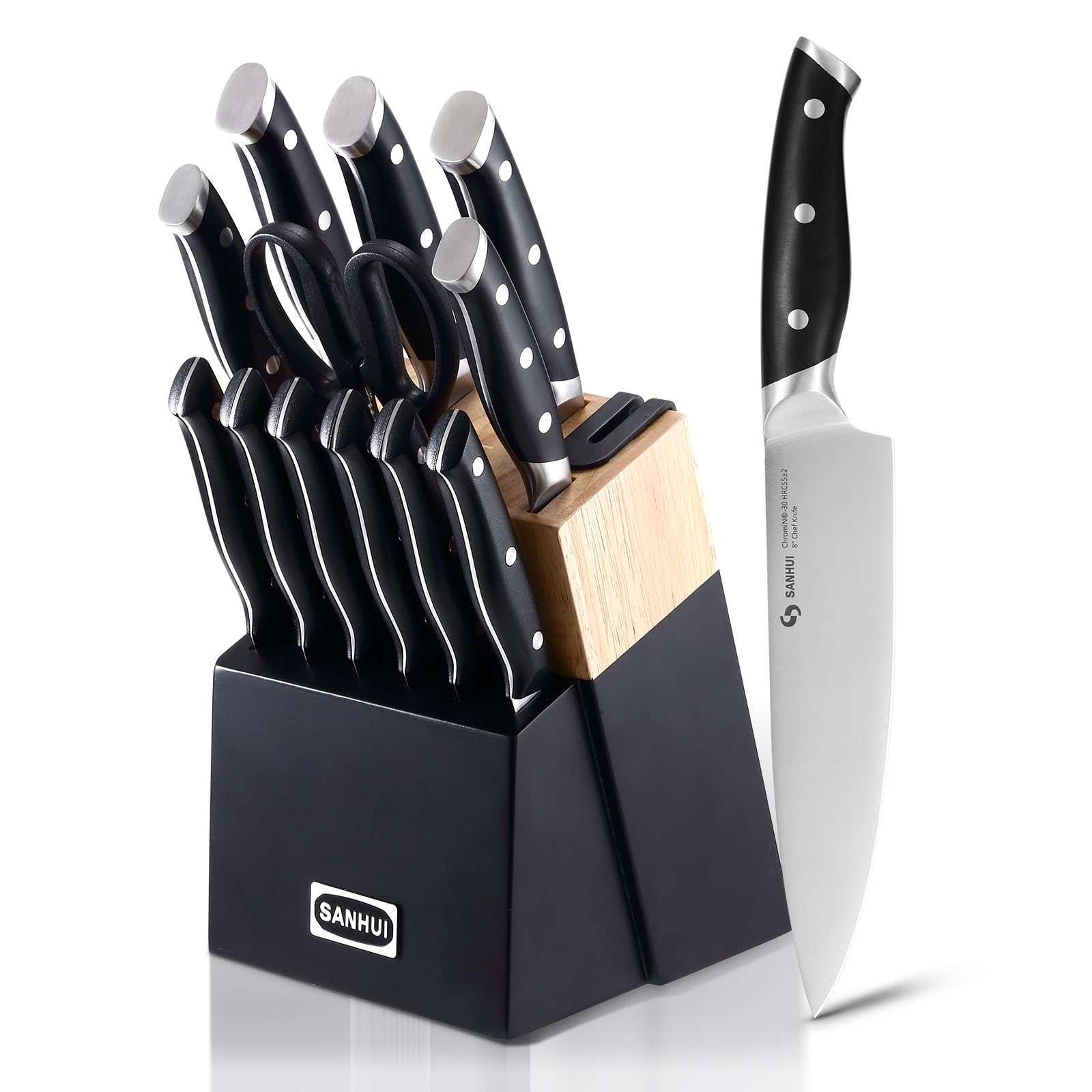 SANHUI 13 Pieces Knife Set with Wooden Block – Built-in Sharpener, High Carbon Stainless Steel Kitchen Knife Sets with Knives,Steak Knives, Scissors for Cooking,Professional Chef,Home Use