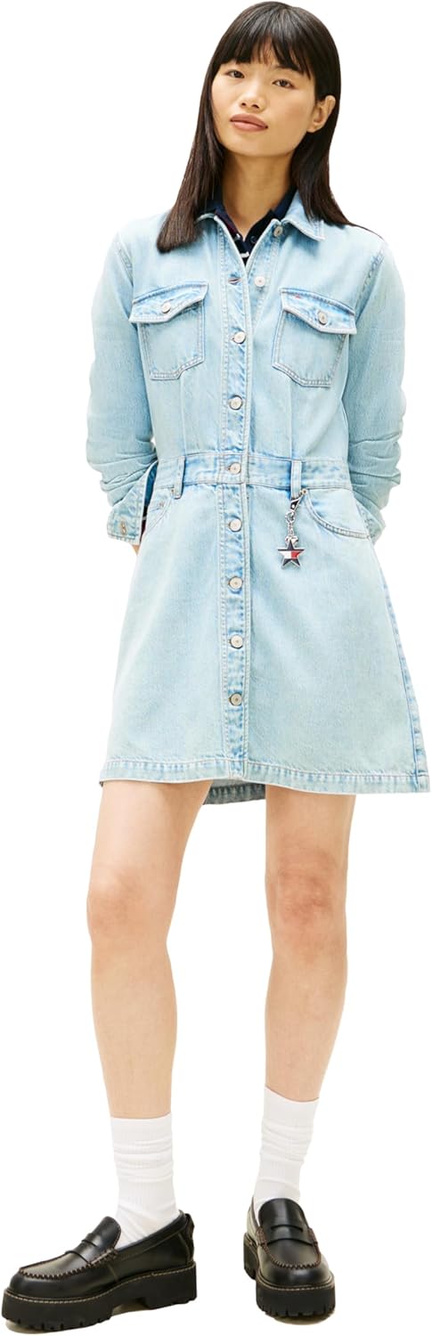 Tommy Jeans Womens Long Sleeve Denim Trucker Mini Dress with Embroidered Flag Logo