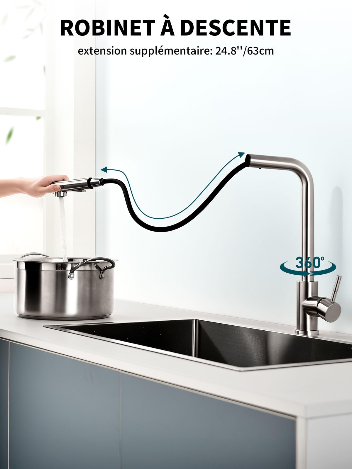 Hiqufet Robinet Cuisine, Bec Haut en Acier Inoxydable avec Rotation à 360°, Deux Modes et Installation DIY Facile, Nickel Brossé
