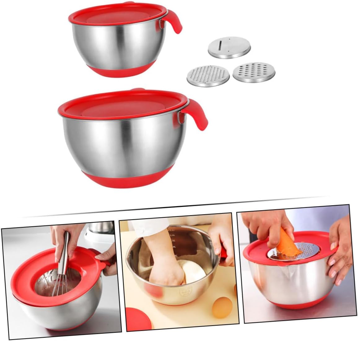 Stainless Steel Mixing Bowls Set with Silicone Bottom and Red Handles, 18cm 20cm Diameter, Includes 2 Lettered Lids and 3 Graters, Multi-function Kitchen Salad and Noodle Bowls