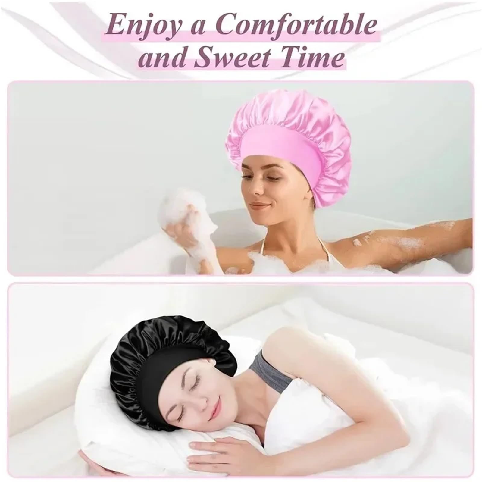 Cofano foderato in raso di seta morbido Cofano for capelli in raso Cuffia da bagno for dormire for uso domestico Copertura avvolgente for capelli lunghi Strumento for parrucchiere(White)