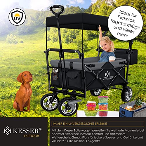 KESSER® Bollerwagen faltbar GT9000 mit Dach Handwagen Transportwagen | inkl. 2X 3-Punkt Gurtsystem| klappbar | Vollgummi-Reifen | bis 80 kg | Vorder- und Hinter-Bremse + Tragetasche, Schwarz/Grau – Bild 7