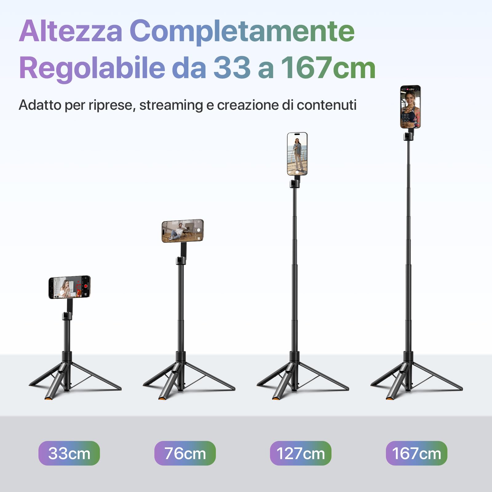 Moman Treppiede Smartphone 167cm, Bastone Selfie Magnetico a Doppia Faccia, Trepiedi con Installazione Automatica Telecomando Wireless per Cellulari iPhone e Android
