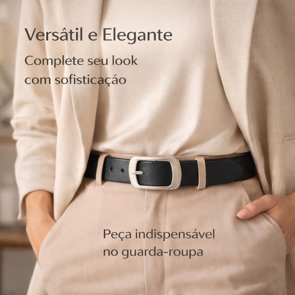 Cinto Feminino Preto de Couro Vegano com Fivela de Aço Escovado - Estilo Clássico Retrô Cinto Feminino Preto de Couro Vegano com Fivela de Aço Escovado - Estilo Clássico Retrô