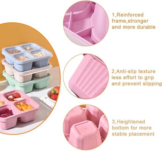 4 Pack Snack Boxes, Reusable Bento Lunch Boxes with 4 Compartments Snack Containers for Kids Adults Leakproof Divided Food Storage for School Work Travel (Pink/Beige/Green/Blue)