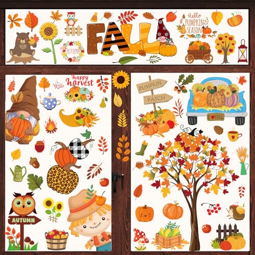 Fall Window Clings for Kids Glass Autumn Window Clings Double Sided Truck Pumpkin Maple Leaves Decals Stickers for Autumn Thanksgiving Harvest Fall November Decorations for Office