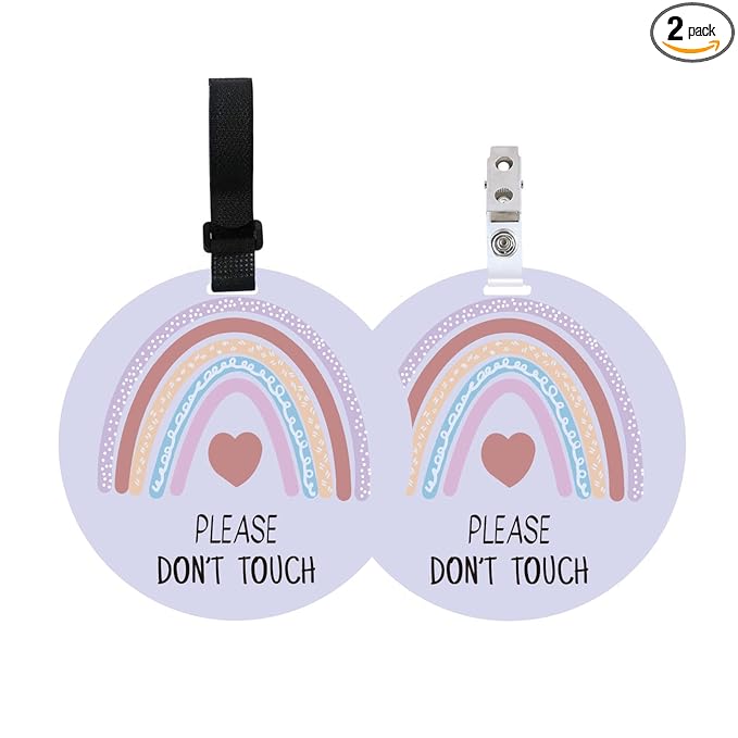 PLIGREAT 2 Pack Stop Touching Baby Sign, No Touching Baby Stroller Car Seat Carrier Tag with Hanging Straps and Clip, No Kissing Baby Safety Sign for Preemie Newborn, Rainbow