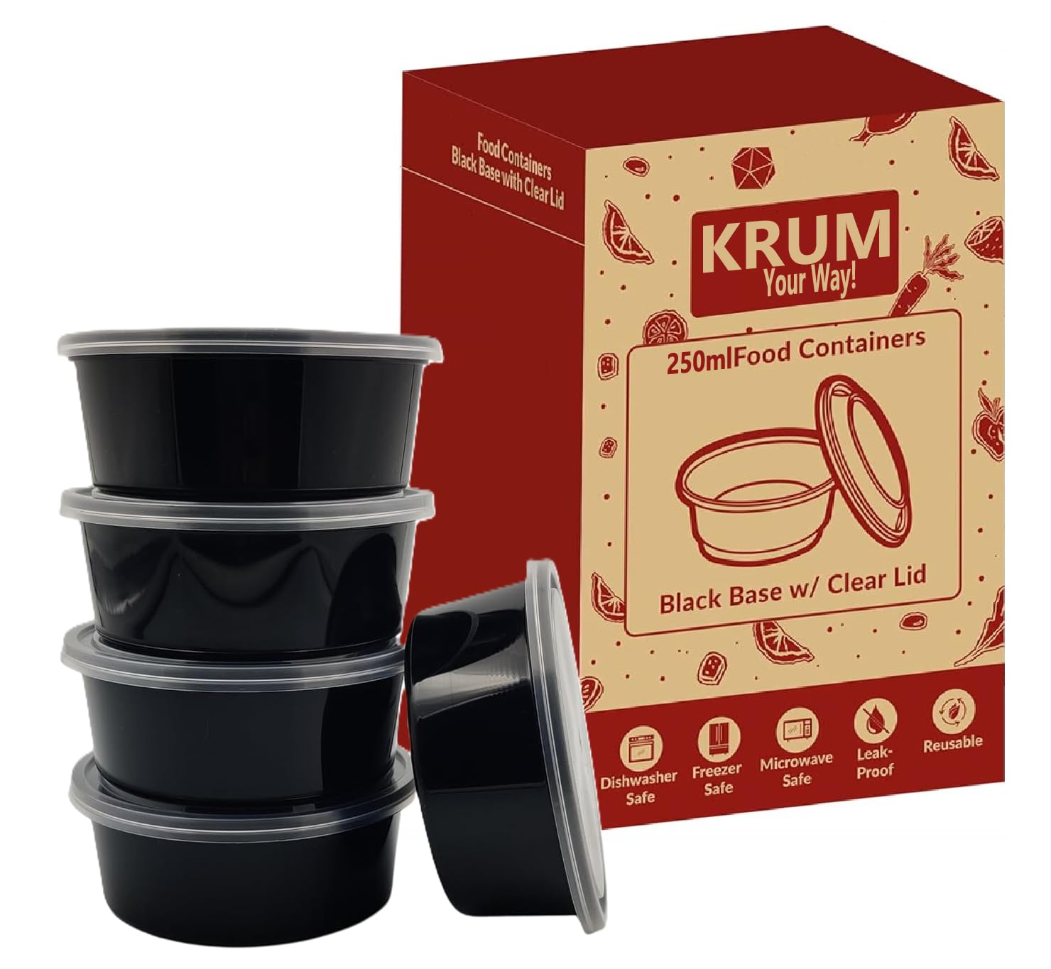 KRUM Black Round Takeout Food Containers Food Storage Containers With Lids Freezer Safe | Meal Prep | Microwavable Dishwasher | Leakproof | BPA Free (250 ml Pack of 10) (B0D98B75QQ) Amazon Price History, Amazon Price Tracker
