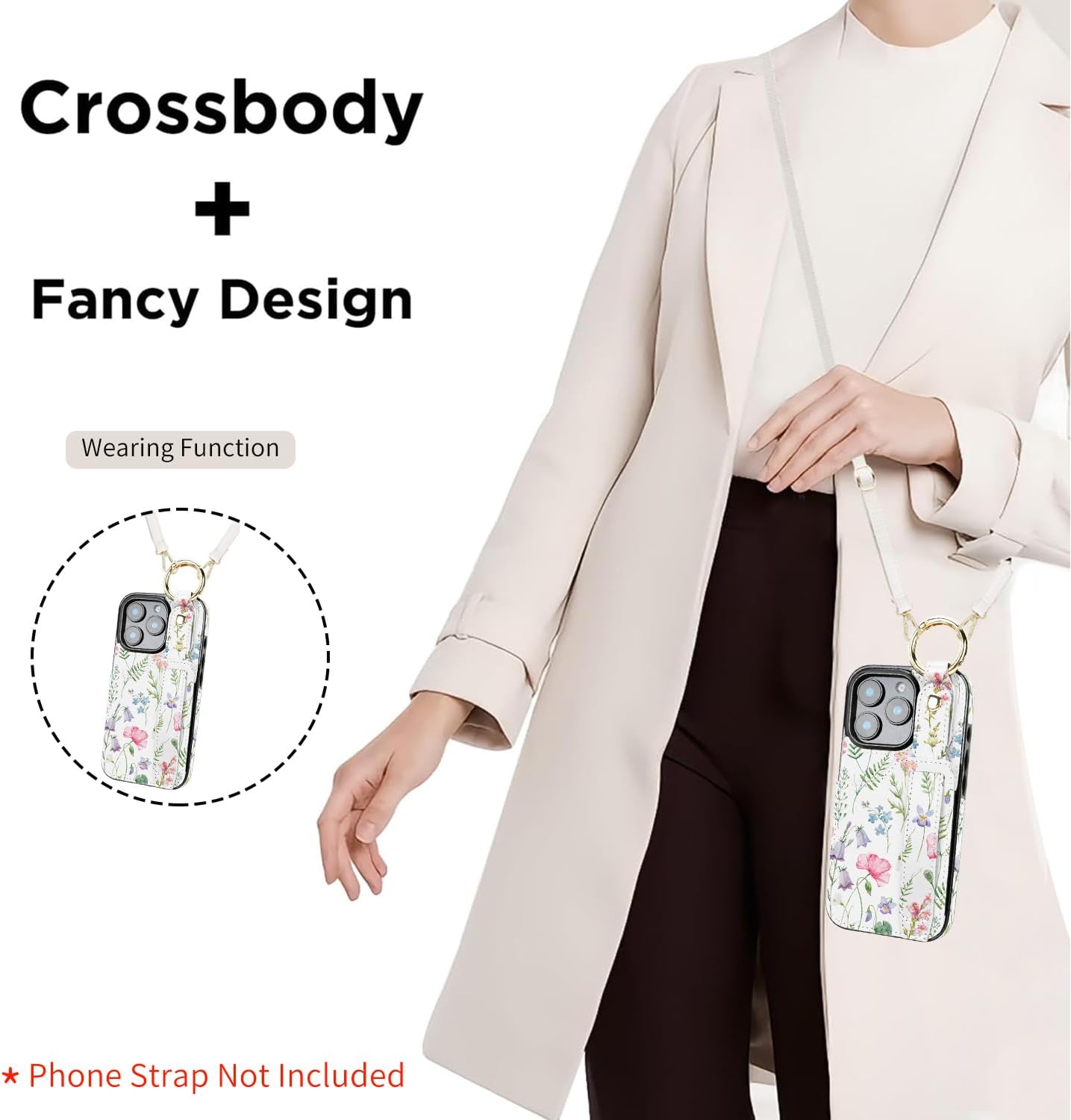 uCOLOR for iPhone 16 Pro Case with Card Holder Key Ring for Women Girls Cute Design with Leather Wallet Credit Holder Cardholder Strap Stand for Apple 16 Pro (Pink Flowers) - Image 3