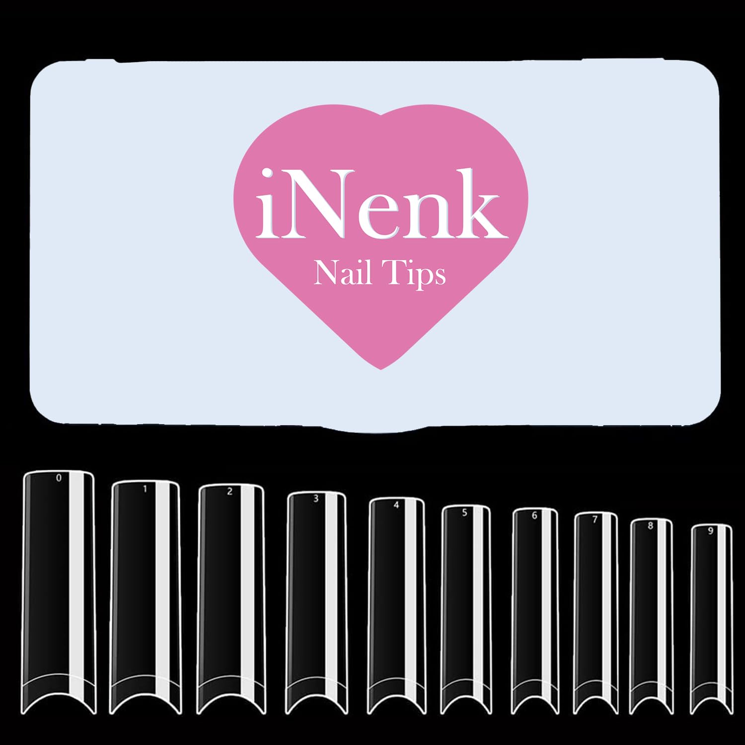 INENKFlattened No C Curve XXL Square Nail Tips, Clear Half Cover Tapered Square Straight Nail Tips Flat for Acrylic Nails Salons and DIY with a Box(500Pcs 10Sizes)