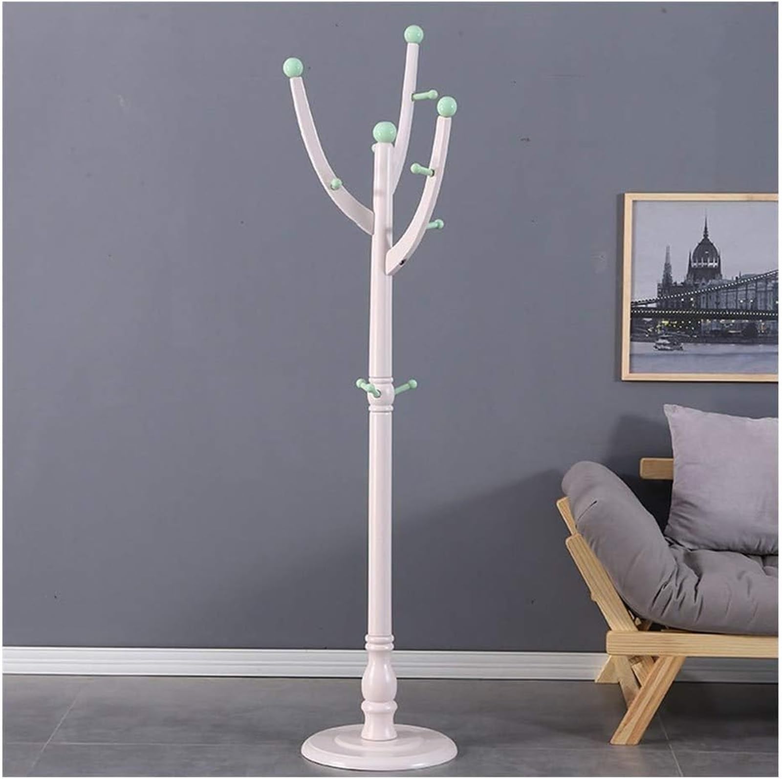 KIJyfgTR Coat Rack Solid Wood Coat Rack Clothes Tree Hat Hanger Hat Rack Coat Racks Stand For Coats Hats Scarves Clothes Bags(White Green)