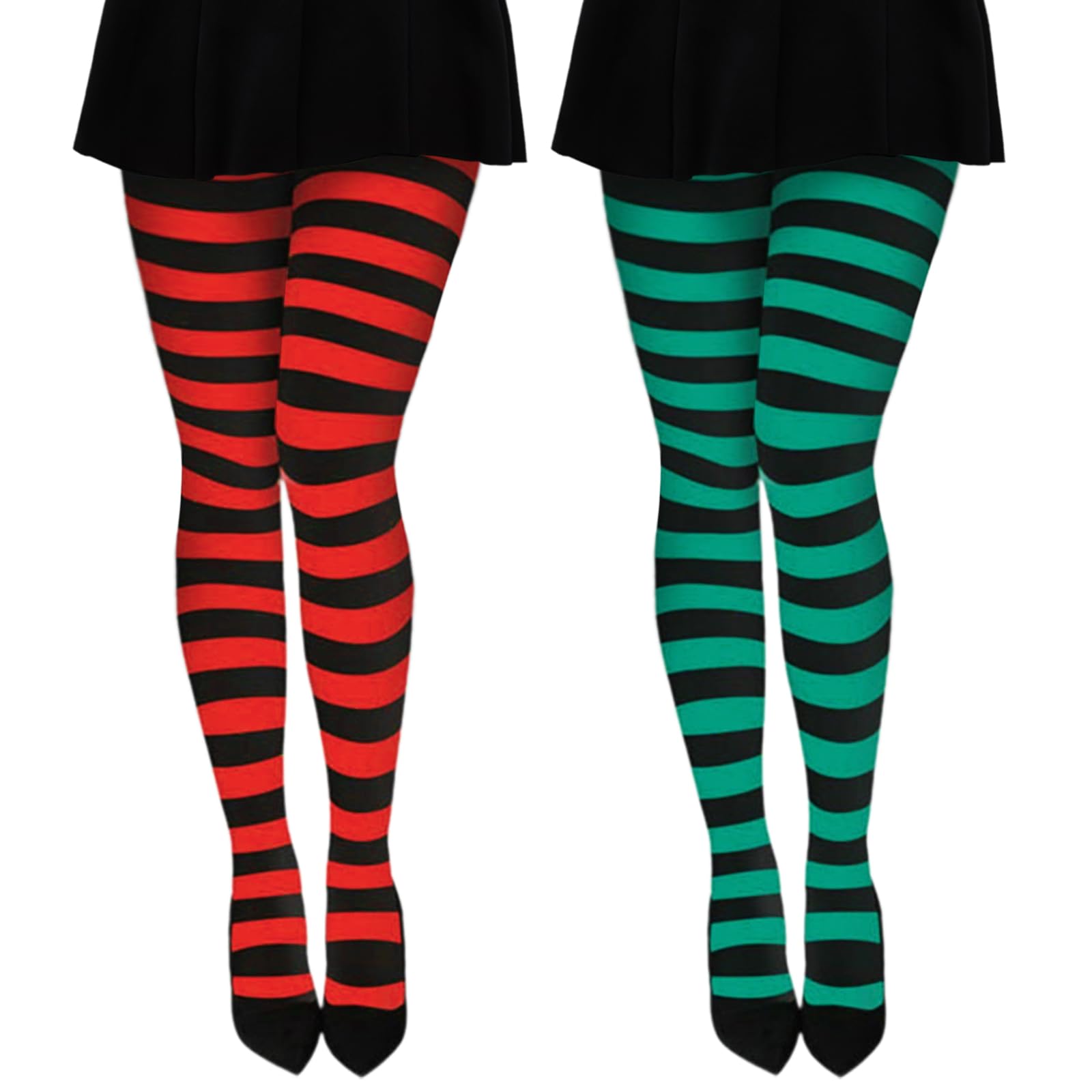 YAUOIPI 2 works Striped Opaque Tights, Black and Green and Red and Black Striped Tights