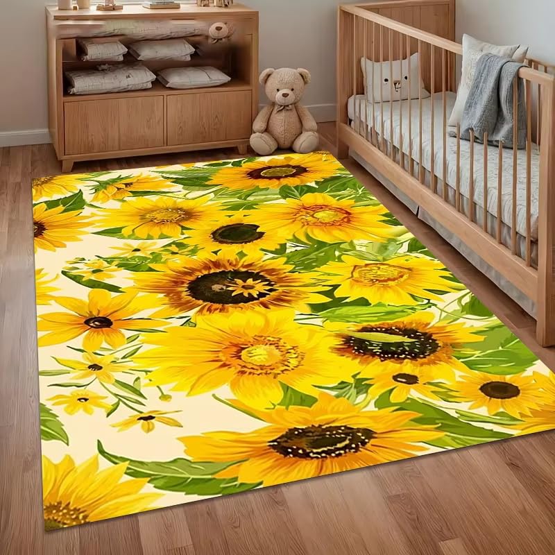 Alfombra lavable antideslizante con estampado floral de girasoles amarillo y crema 70x100