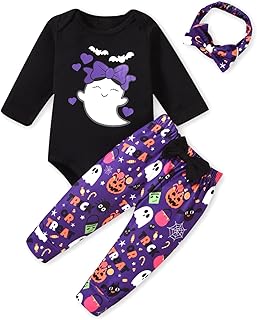 HIHA Preemie Clothes Girl Halloween Outfits Baby Boo Printed Bodysuit Purple Pants Set with Headband 3Pcs Halloween Clothing Set Ghost Halloween Clothes(Purple, Preemie)