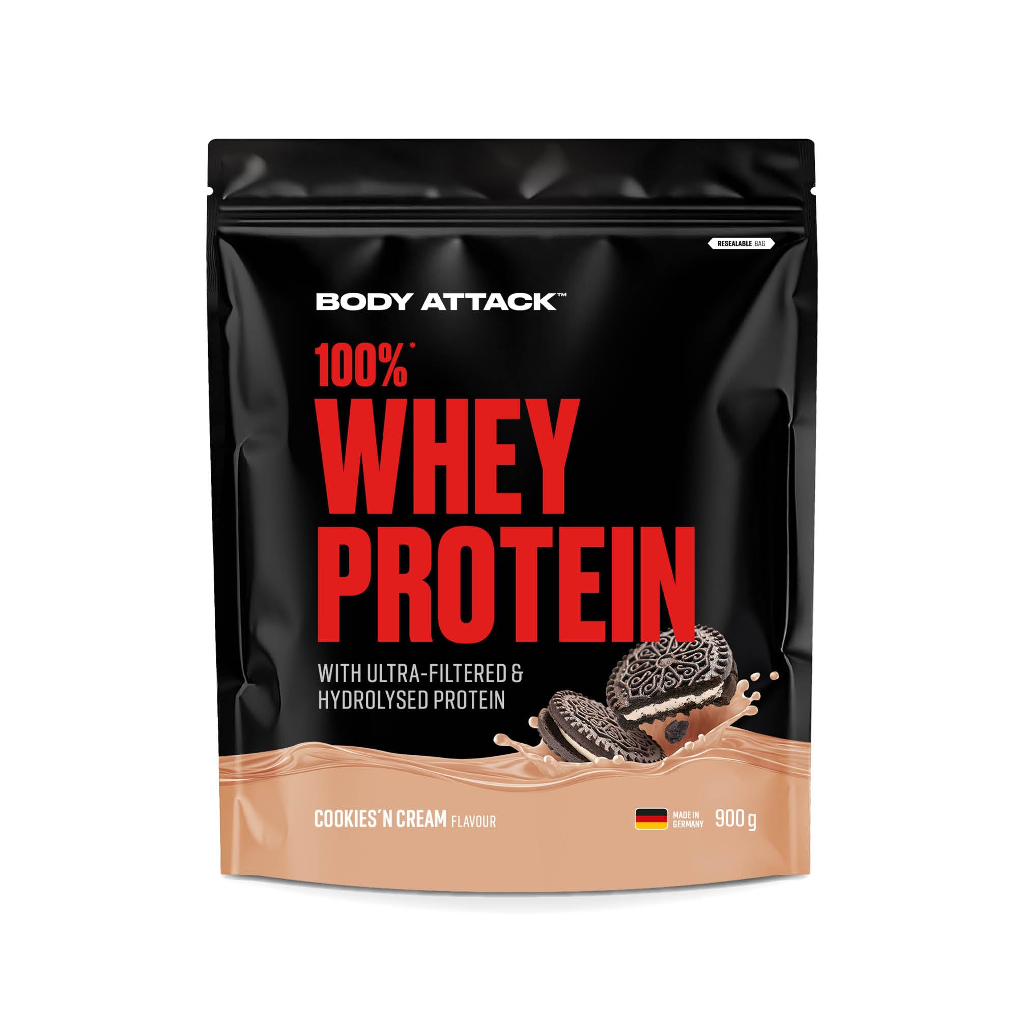 Body Attack 100% whey protéine, protéines musculation - protein powder crémeuse avec hydrolysat et BCAA, prise de masse et régimes, pour athlètes et sportifs-Fabriqué en Allemagne-900g Cookies n Cream