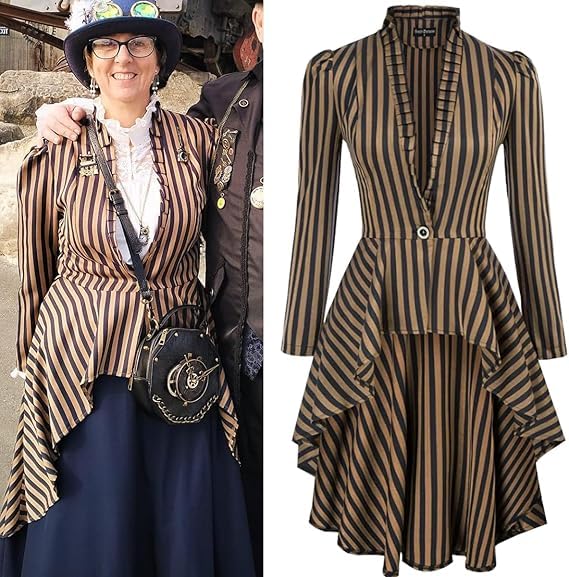 Women's Steampunk Long Striped Jacket Renaissance Victorian Gothic Blazer Jacket Coat2