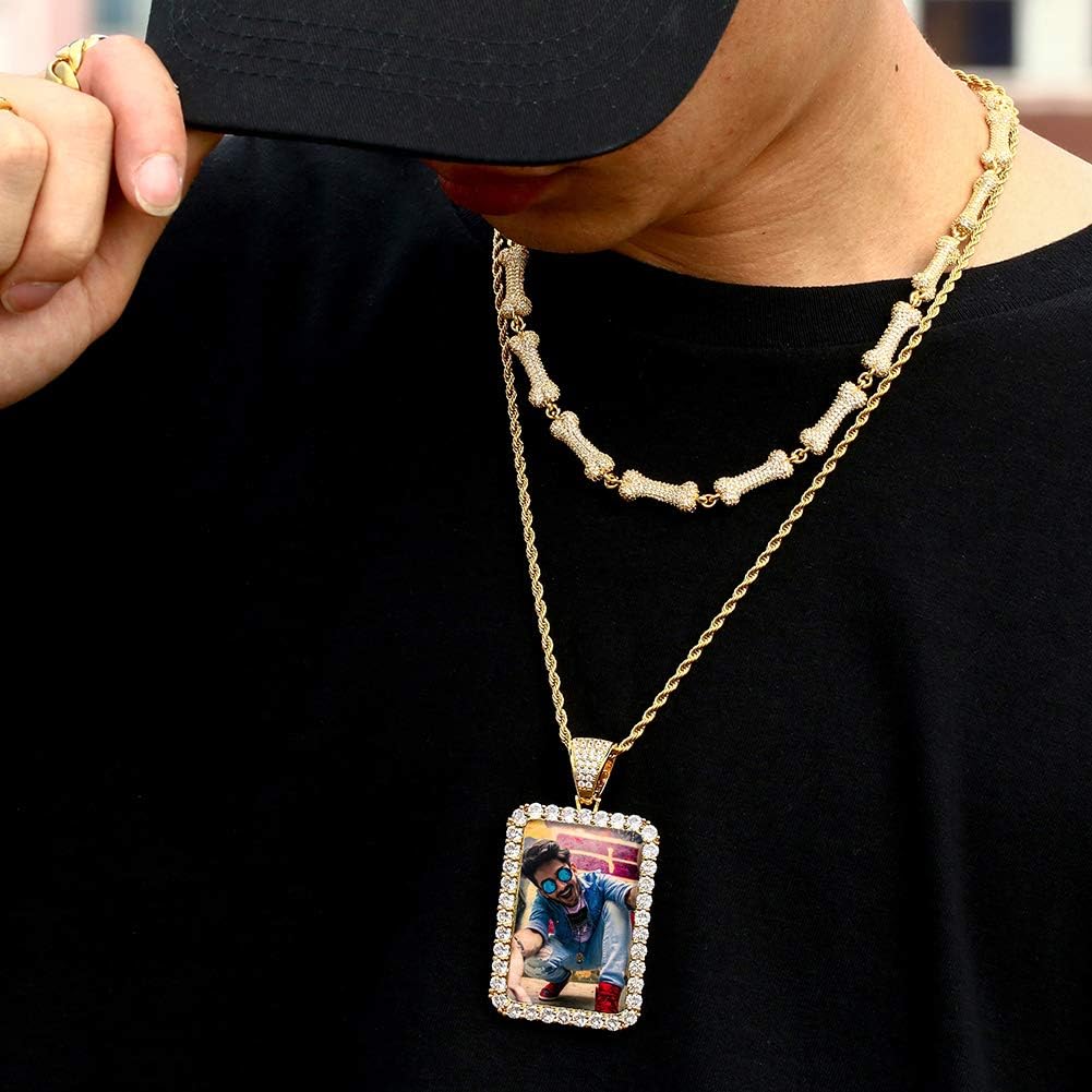TUHE Custom Picture Necklace Personalized Hip Hop Iced out Heart Angle Wings Pendant Photo Necklace for Men Women Memory Chain Necklace Customized with Picture Rope/Tennis/Cuban Chain Necklaces