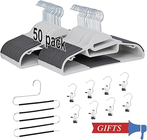 VECELO Paquete de 50 perchas de plástico de alta calidad para trajes, antideslizantes, resistentes, apertura en forma de S, gancho giratorio de 360,