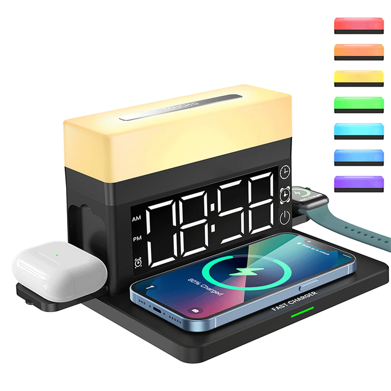 Cargador Inalámbrico Multifuncional con Brillo Ajustable y Control Táctil para el Hogar y la Oficina, Carga Rápida de 15 W para Dispositivos iOS (Negra)