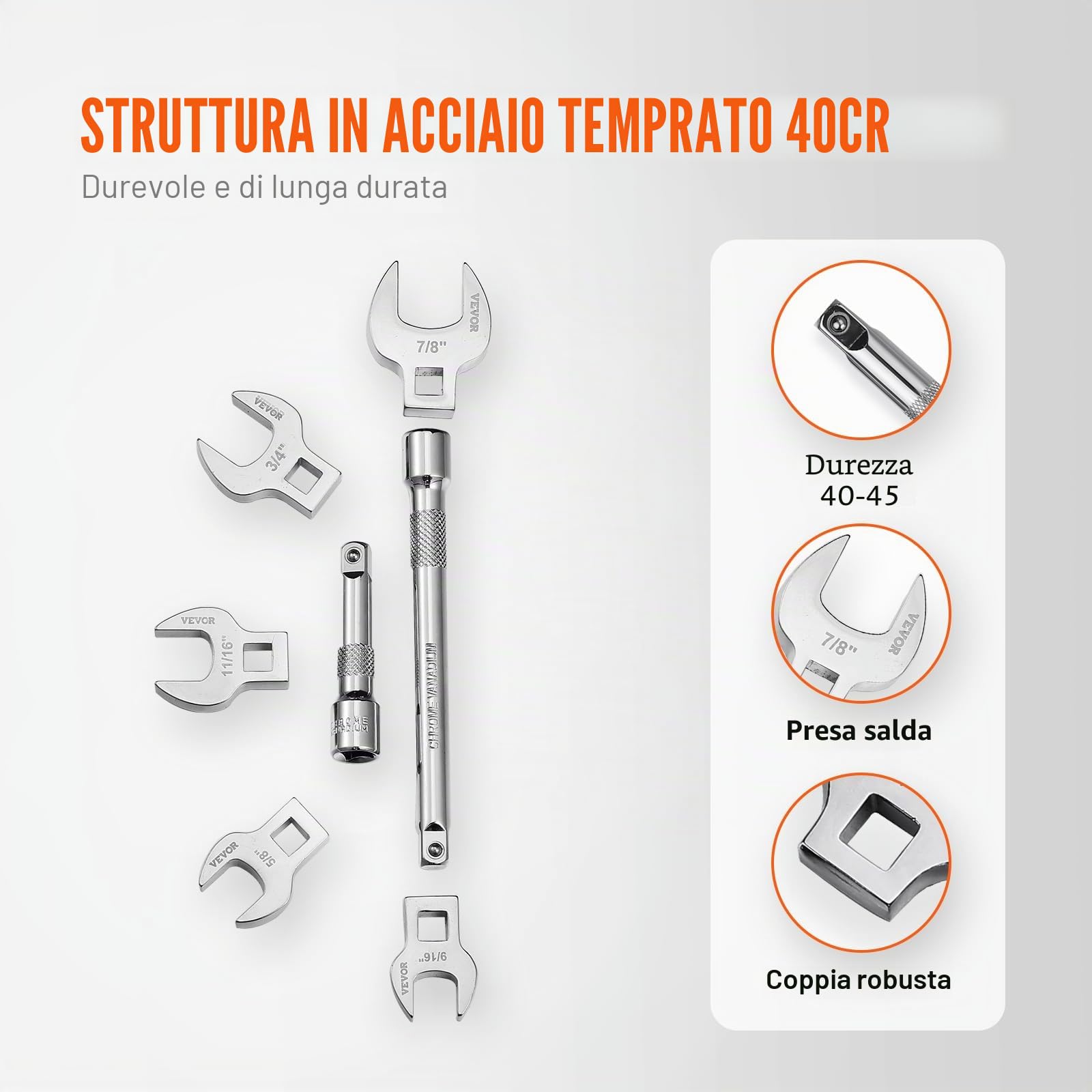 VEVOR Set chiavi a zampa di gallina, attacco 3/8", Set chiavi a zampa di gallina 20 pezzi 2 barre di prolunga e organizer per attrezzi in EVA, SAE 3/8"-7/8" e metrico 10-22 mm, materiale 40CR