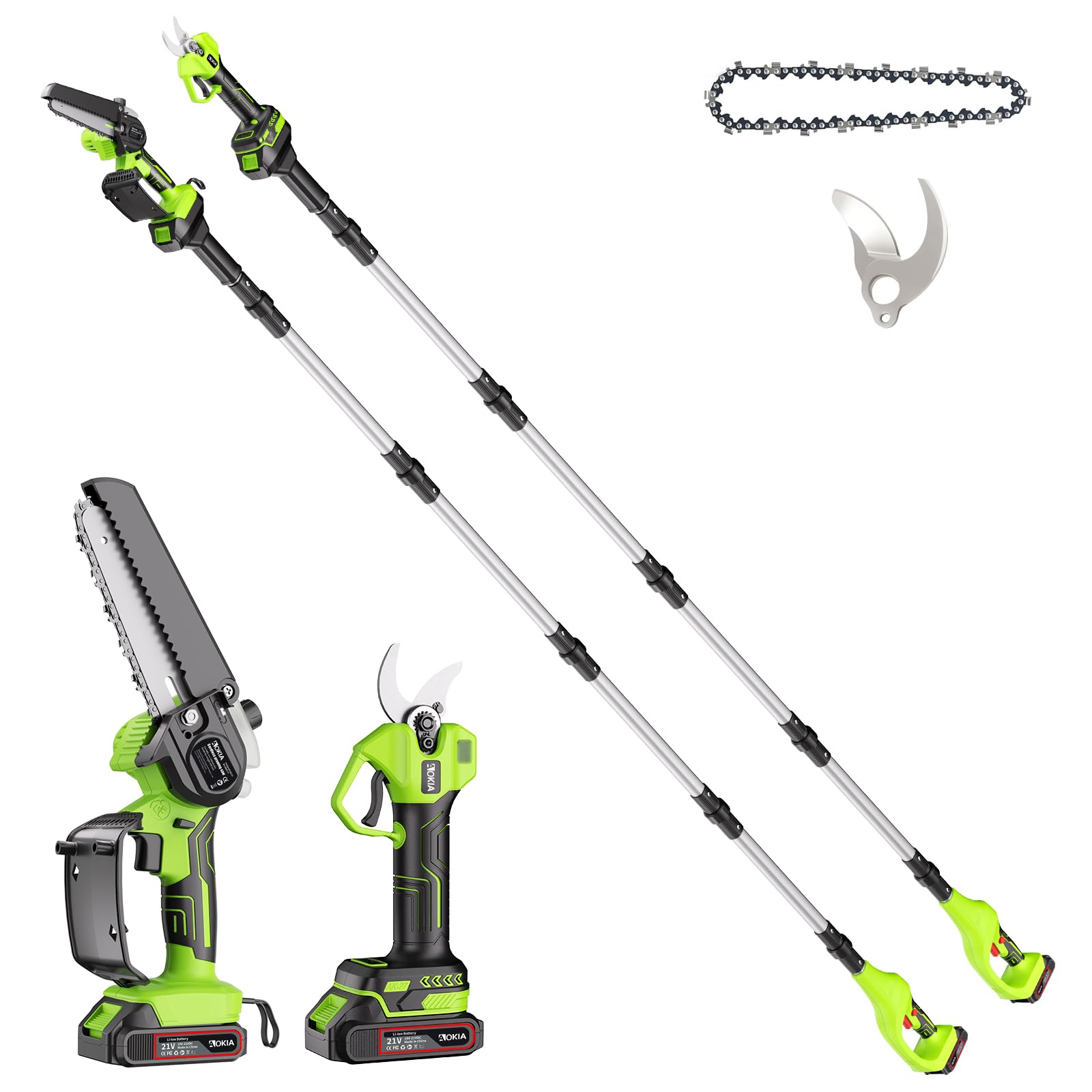 AOKIA 6 Zoll Mini Kettensäge mit Teleskopstange & 33 mm Elektro Gartenschere, 4-in-1 Gartenwerkzeug Set mit 2 x 2000mAh Batterien, Maximale Reichweite bis 4,5 m, 30 ml Öltank