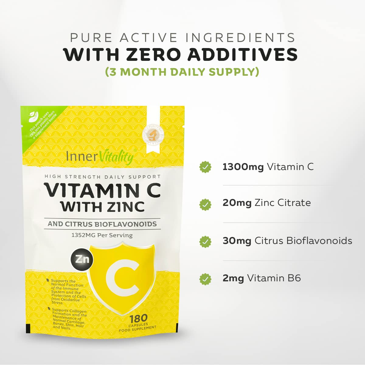 Vitamin C 1300mg and Zinc with Bioflavonoids (3 Month Supply) - 180 Capsules with No Additives - Better Absorption & Easier to Swallow Than Vitamin C 1000mg Tablets