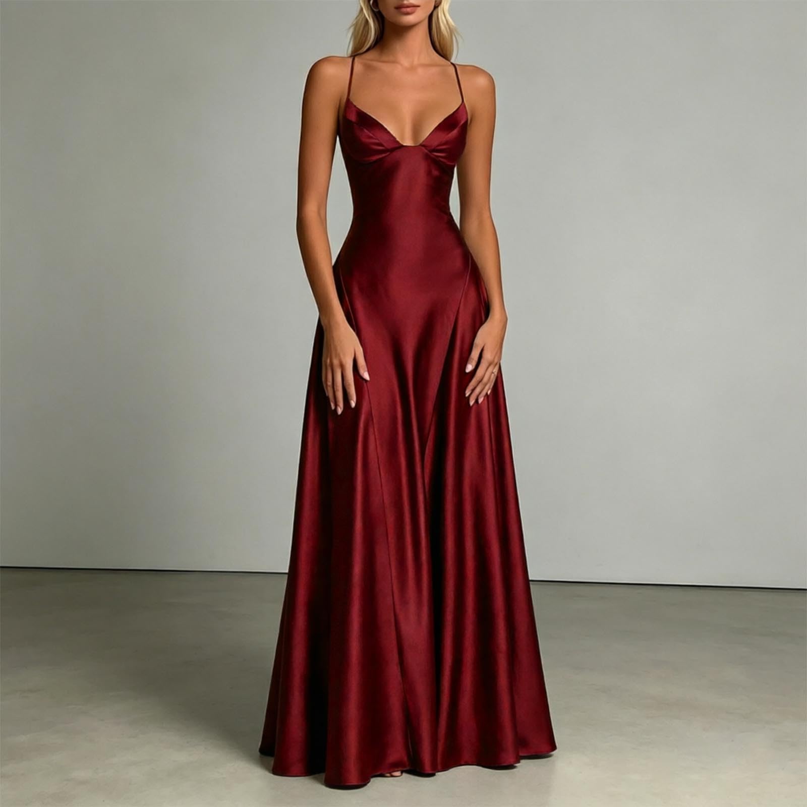 Vestidos de baile para mujer, de satén, vestido de dama de honor, largo, vestido de noche, cuello en V, de satén, vestido de cóctel, vestido de noche, vestido de fiesta