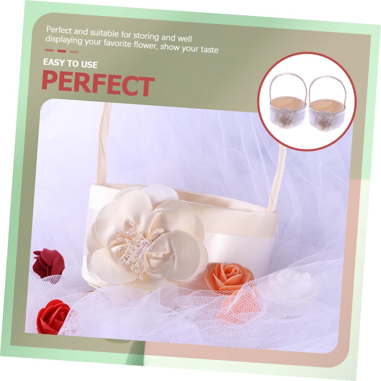 ULTECHNOVO Satin Flower Girl Basket for Wedding 2pcs Handheld Flower Basket Set with Ribbon Bow Wedding Party Supplies and Ceremony Decoration