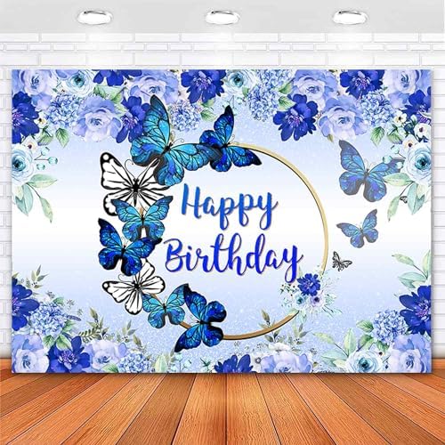 Ayayiya Butterfly Happy Birthday Backdrop Royal Blue