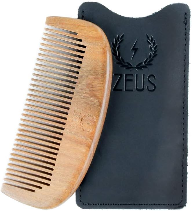 ZEUS Sandalwood Beard Comb for Men with Leather Sheath, Hand Polished | Saw-Cut Wooden Comb with Protective Leather Sleeve, Anti-Static to Smooth, Style & Tame All Beard Shapes (S31)
