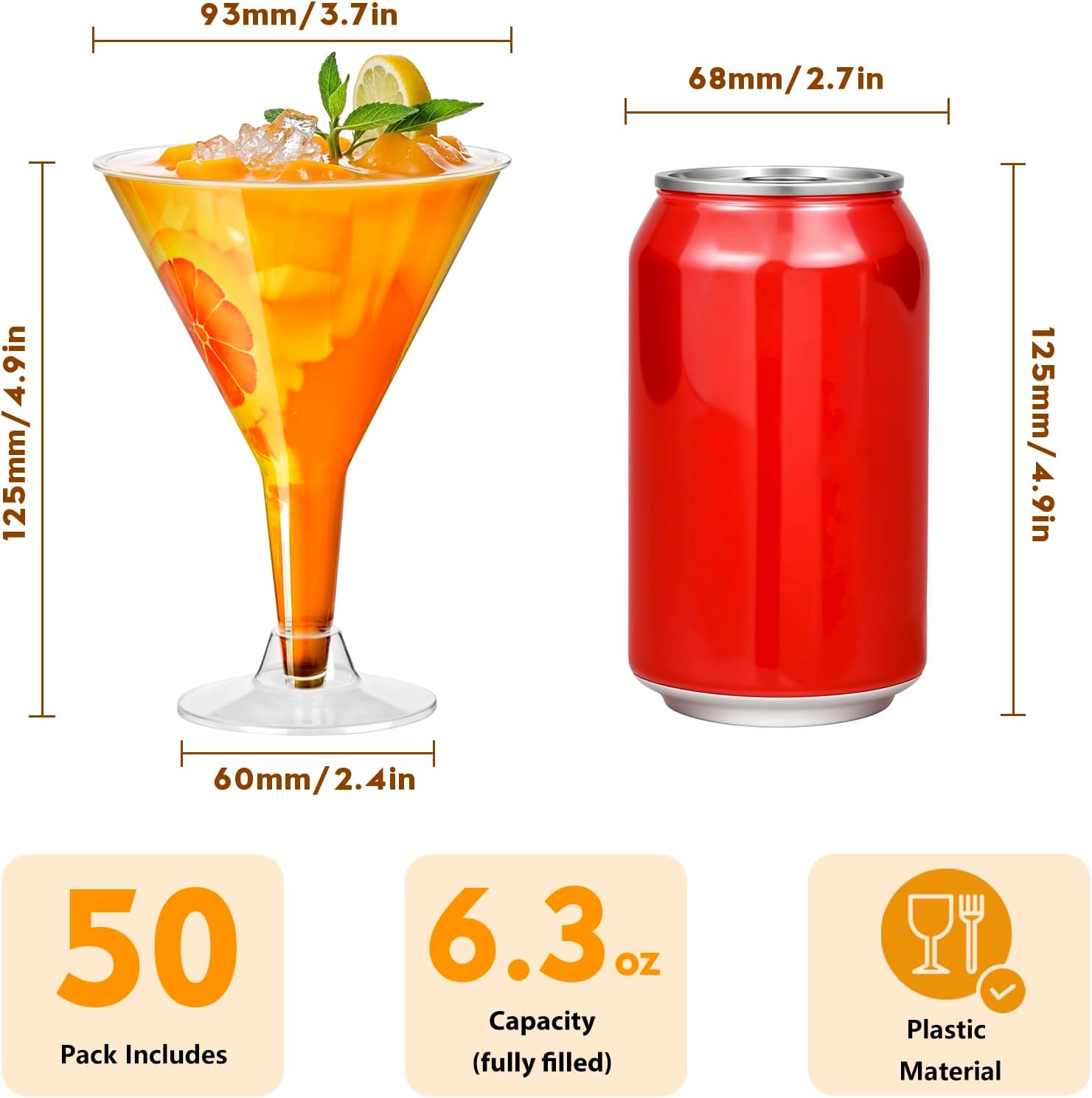 Plastic Martini Glasses Disposable 50 Pack, 6.32 oz Cocktail Cups Bulk for Parties, Poolside, Wedding, Drinking, Desserts, Appetizers, A Tini Bit Older Birthday, Outdoor - Clear with Detachable Stem