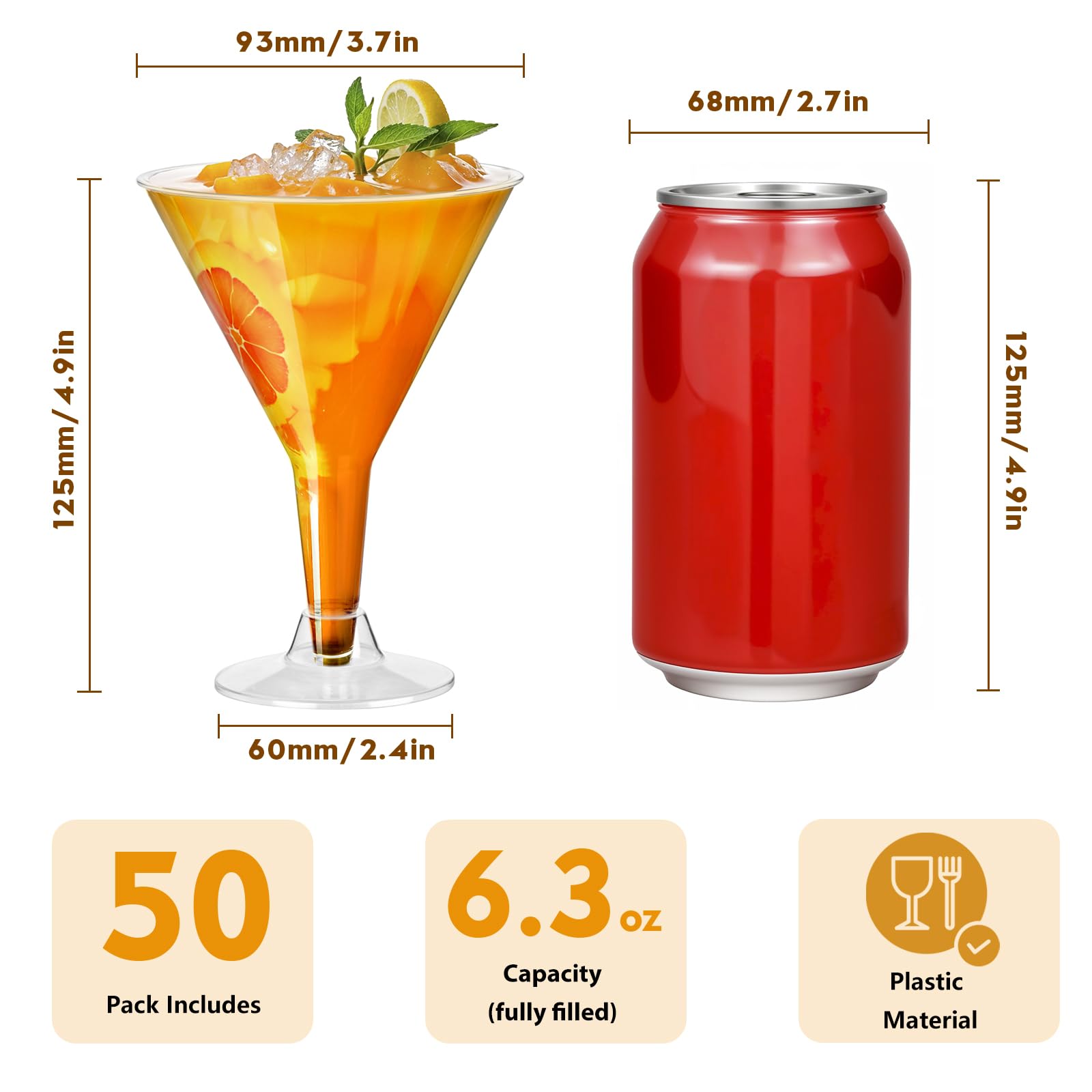 Plastic Martini Glasses Disposable 50 Pack, 6.32 oz Bulk for Parties, Poolside, Wedding, Drinking, Desserts, Appetizers, Birthdays, Outdoor - Clear Shatterproof Cocktail Cups with Detachable Stem