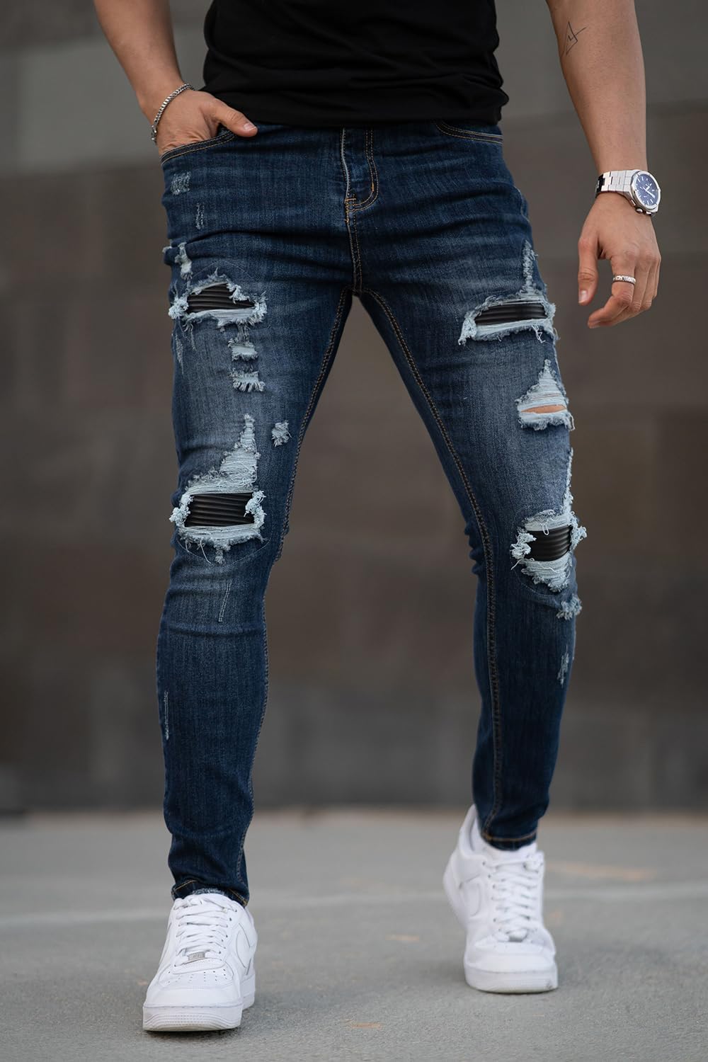 GINGTTO Men's Skinny Jeans Stretch Ripped Tapered Leg - Image 2