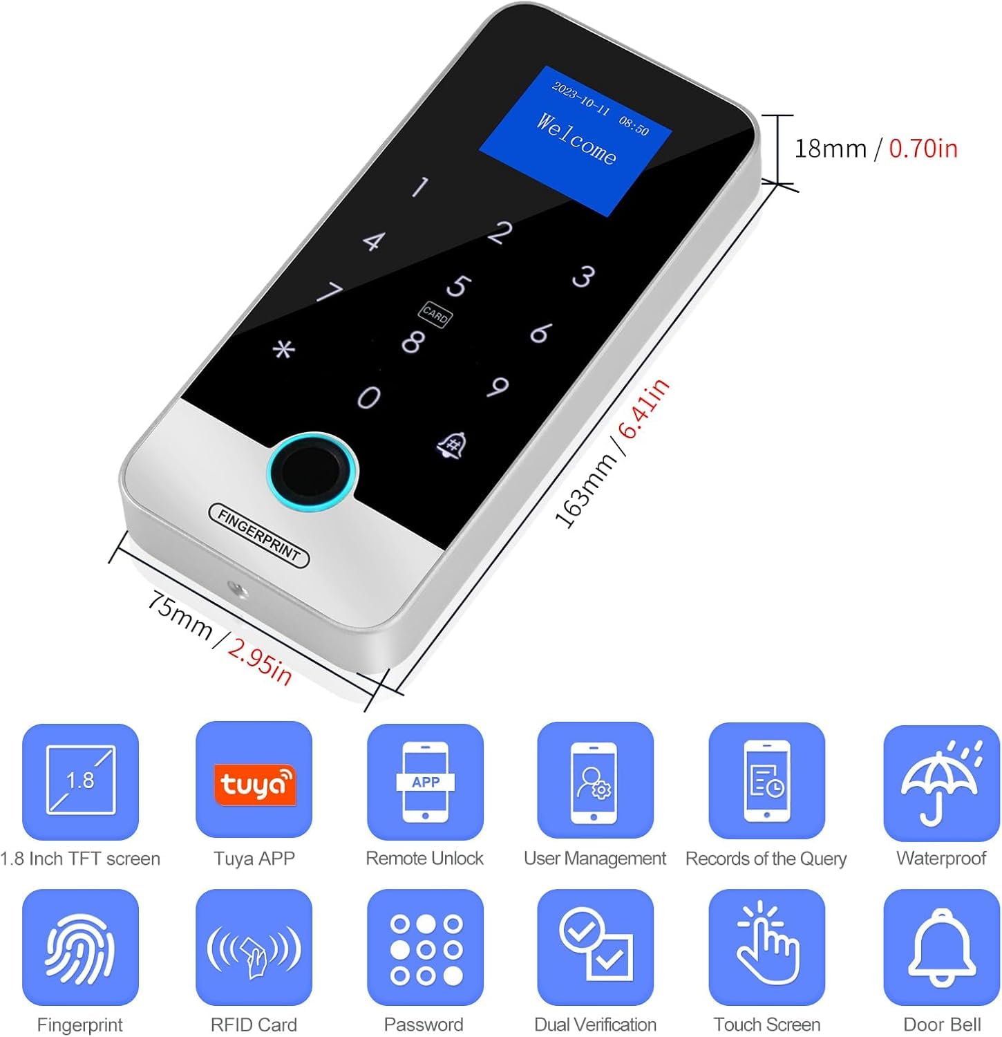 Kit Contrôle d'Accès RFID, 300 Empreintes, Serrure 180kg, IP65