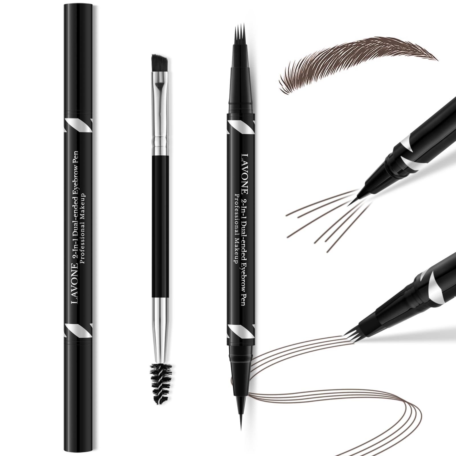 LAVONE Waterproof Eyebrow Pen, with 4-Fork-Tip and Precise Brow pencil, Eyebrow Pencils for women, Create Natural Brows, Last All-Day, Medium Brown 01