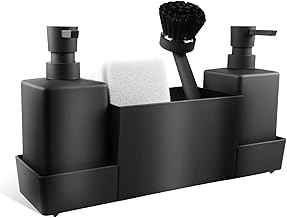 Sink Organiser, Kitchen Organiser Sink Set Made of Plastic with Detergent Dispenser, Brush and Washing Sponge, Sink Organiser with Soap Dispenser Sponge Brush, Black