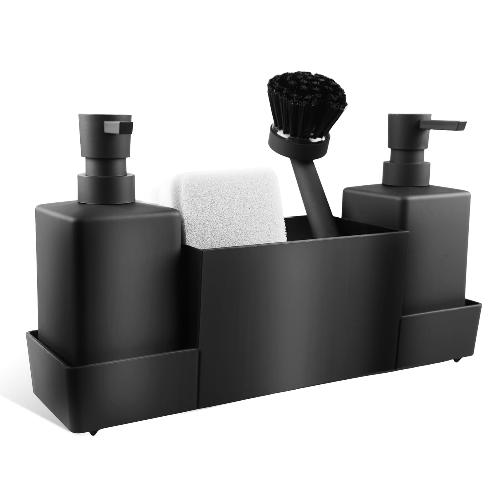 HOSPAOP Spülbecken Organizer, Küchen Organizer Spüle Set aus Kunststoff mit Spülmittelspender, Bürste und Spülschwamm, Sink Organizer mit Seifenspender Schwamm Bürste, Beige