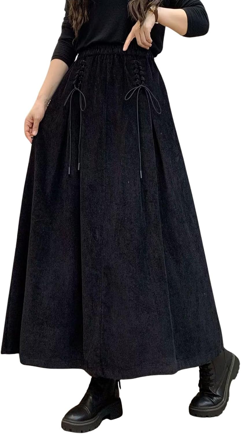 ebossy Women's Corduroy Maxi Skirt Elastic High Waist Drawstring Tie Front A-Line Pleated Long Skirt with Pockets