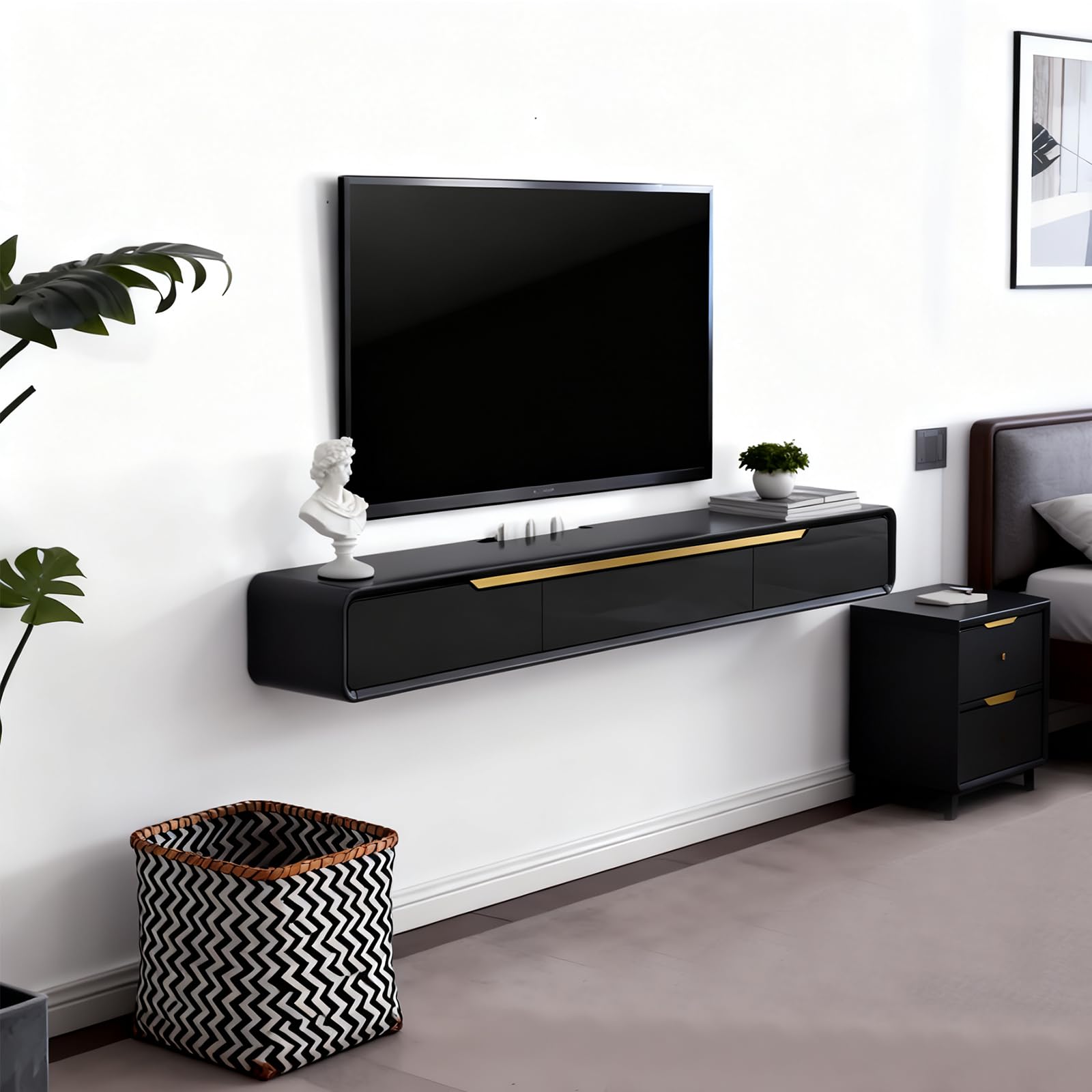 120cm Floating TV Unit with 2 drawer Black Wall Mounted fully assembled