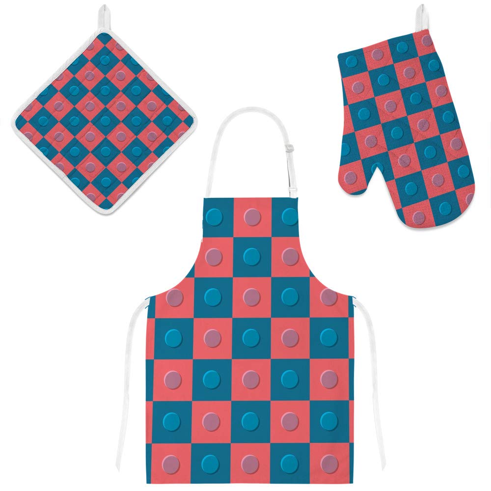 Tablier de cuisine 3 pièces avec maniques et gants motif damier couleur 1