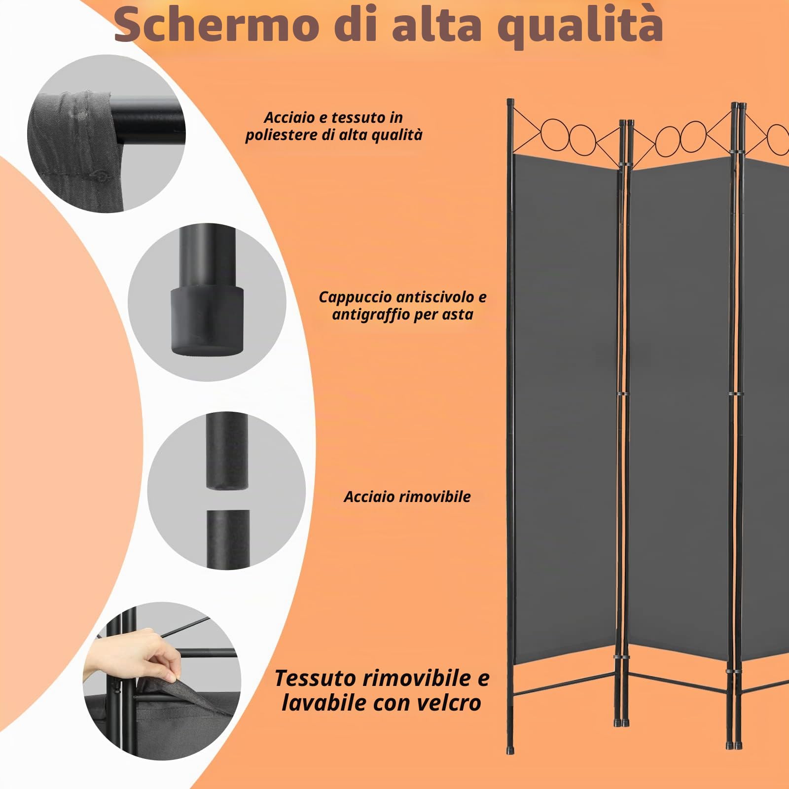Todeco Separatore Stanza 4 Pannelli 160x180cm Grigio | Schermo privacy camera letto, pleghevole salvaspazio, materiale poliestere resistente, facile riporre garage ufficio