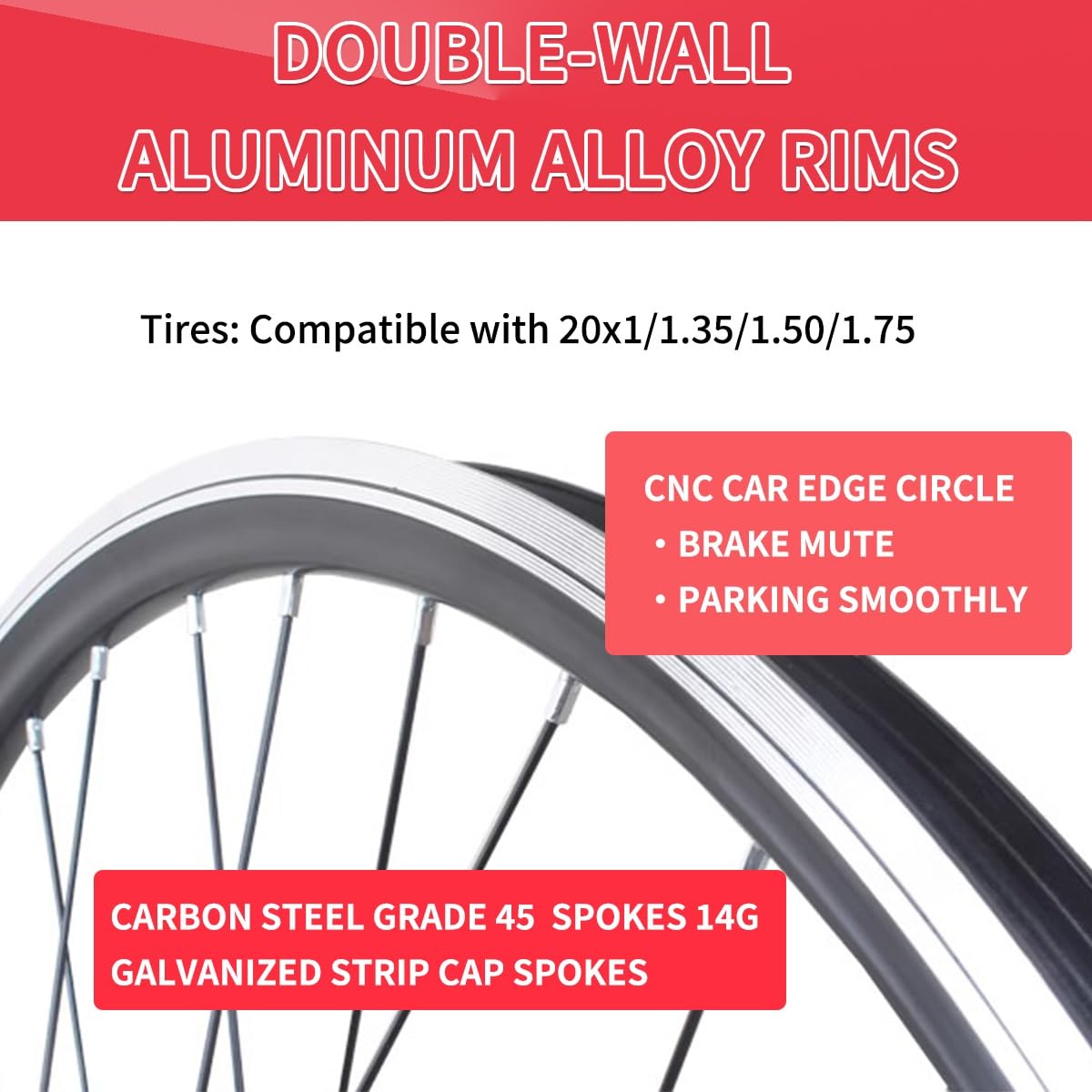 Ruedas para Bicicletas Plegables 406, Frenos V-Brake, Cassette 20/28H, buje de liberación rápida, llanta de aleación de Aluminio de Doble Pared de 9x74 mm/10x130 mm, para Bicicleta