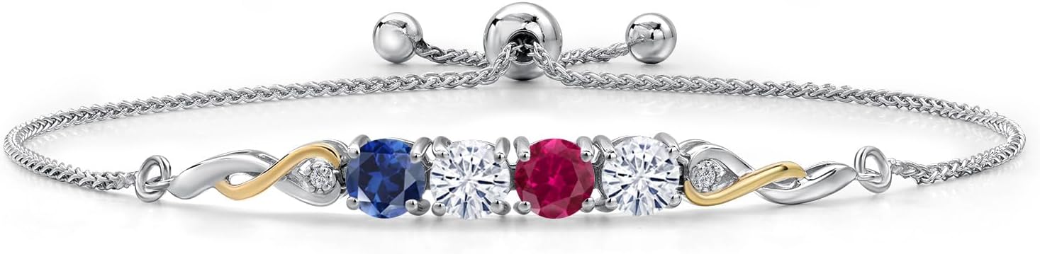 Gem Stone King 925 Silver and 10K Yellow Gold Customized and Personalized Round 5MM 4 Stone Gemstone Birthstone and White Lab Grown Diamond Bracelet For Women Fully Adjustable 9 Inch