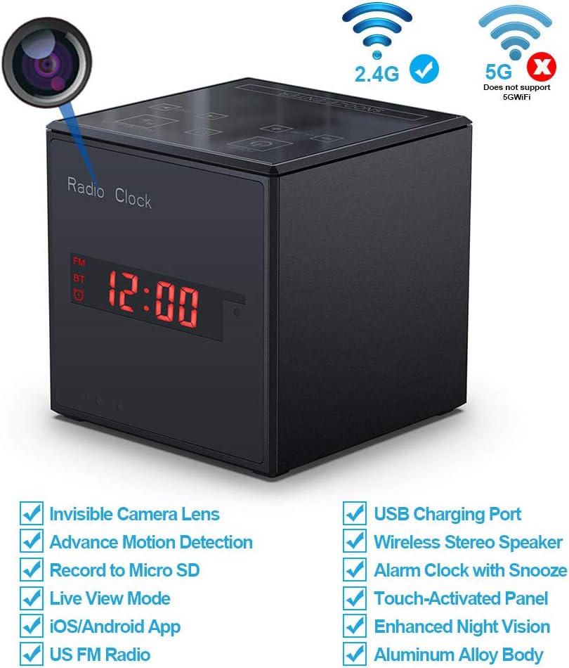 Hidden Camera Wi-Fi,Hidden Security Camera Wireless Speaker,1080P Nanny Cam with Motion Detect,Night Vision,Touch-Activated Control,FM Radio,Wireless Spycam with Phone App for Home and Office