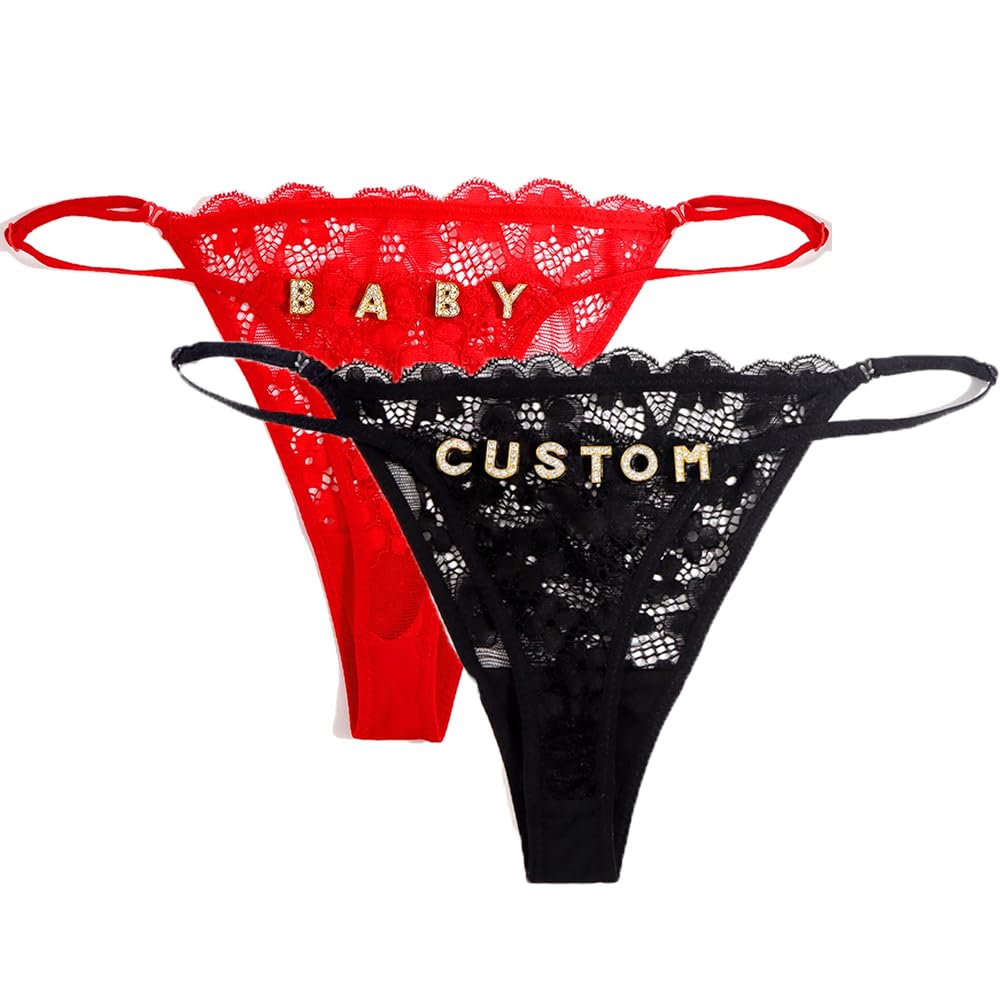 PPETAUL 2-Pack Custom Thong with Name - Personalized Name Thong Rhinestone Silvery Golden Letters G-String Tanga Lingerie, Thongs06, One size