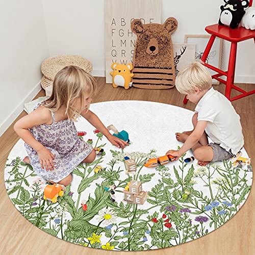 Round Area Rugs 3 Ft Diameter For Nursery Room Retro Garden Plants Rustic Herbs Flower Design Decorative Rug Carpet Floor Mat Yoga Mat For Boys Girls Playroom Home Decor #TOP4